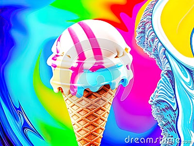 Ice Cream Cone, close-up, waffle with sweet topping splash Stock Photo