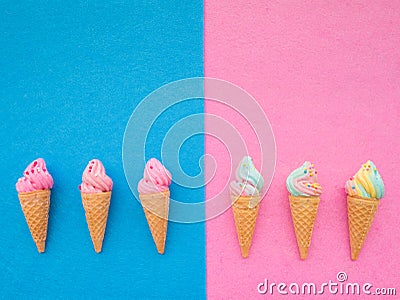 Ice cream in the cone colorful set on blue and pink background Stock Photo