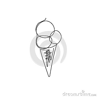 Ice cream cone continuous line drawing. One line art of dairy produce, milk products, food. Vector Illustration