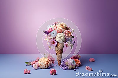 Ice cream cone with flowers. Summer minimal concept. Bouquet of flowers in icecream waffle cone. Trendy layout, AI generated Stock Photo