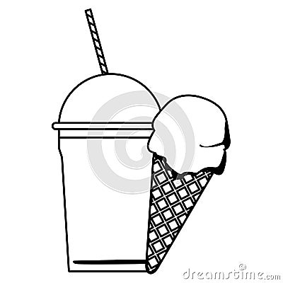 Ice cream cone and frozen ice shaved in black and white Vector Illustration