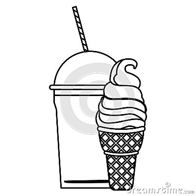 Ice cream cone and frozen ice shaved in black and white Vector Illustration