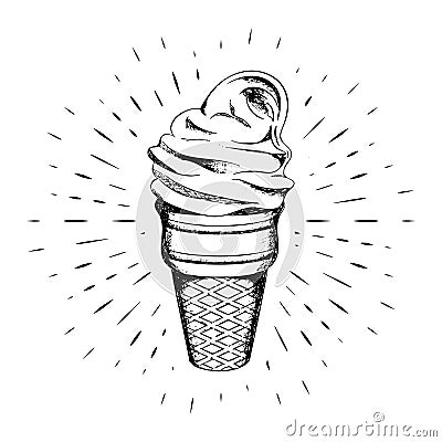 Ice cream cone hand-drawn, black contour on the background of linear rays. Calligraphy. For design of posters, banners, logos. Vector Illustration