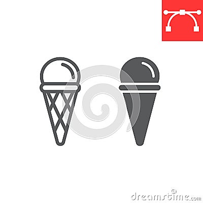 Ice cream cone line and glyph icon, dessert and delicious, ice cream in waffle cone sign vector graphics, editable Vector Illustration