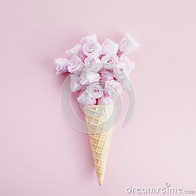 Ice cream cone with pink roses and hearts. Spring and summer Floral style. Flat lay Stock Photo