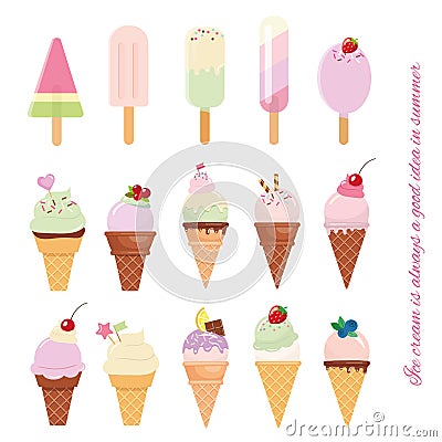 Ice cream cone and popsicle set on white. Vector Illustration