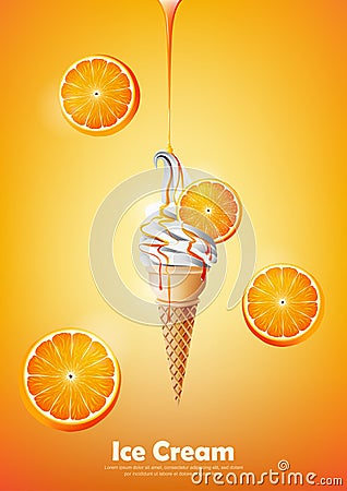Ice cream in the cone, Pour orange syrup and a lot of orange background, transparent Vector Vector Illustration