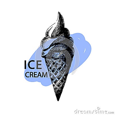 Ice cream cone print. Vector illustration. Blue background. Isolated on white. Hand drawn ice cream sketch with paint stroke and t Cartoon Illustration