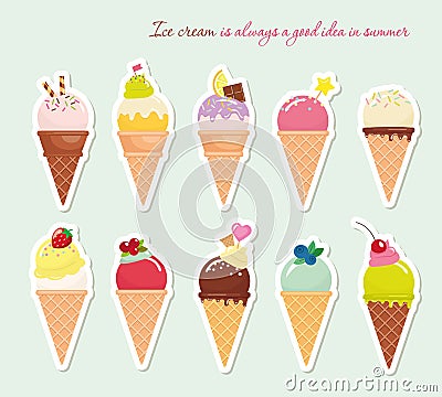 Ice cream cone set. Paper cutout stickers. Bright and pastel colors. Vector EPS10. Vector Illustration