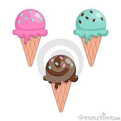 Ice cream cone set. Sweet set, waffle cone. chocolate, strawberry, cream ice cream. Isolated on a white background. Vector Illustration