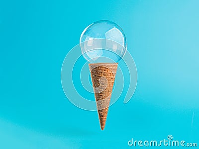 Ice cream cone with soap bubble on blue background Stock Photo