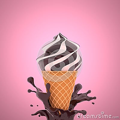 Ice cream cone with splash liquid chocolate on a pink backgrou Stock Photo