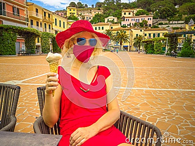 Ice cream cone with surgical mask Stock Photo