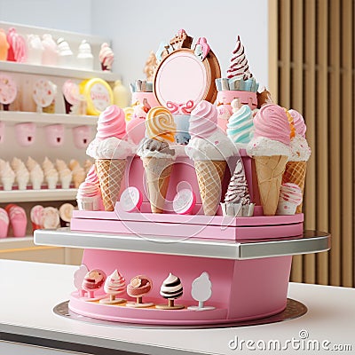 Ice cream cone table decoration, ice cream cone tray, Ice Cream restaurant interior concept design, AI Generate Stock Photo