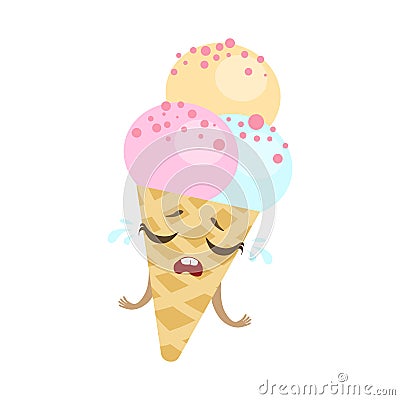 Ice-Cream Cone With Three Scoops Cute Anime Humanized Cartoon Food Character Emoji Vector Illustration Vector Illustration