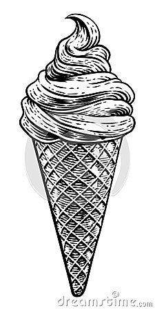 Ice Cream Cone Vintage Woodcut Etching Style Vector Illustration