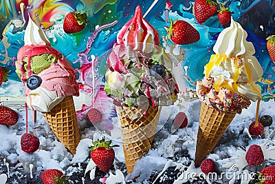 Ice cream cones with different toppings on them Stock Photo