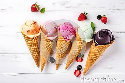 Ice cream cones and fruits on background, Generative AI Stock Photo