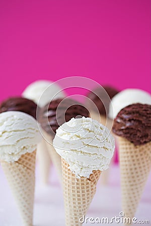 Ice cream cones - organic vanilla & chocolate Stock Photo