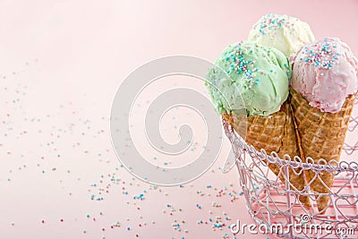 Ice cream cones in on pink background Stock Photo