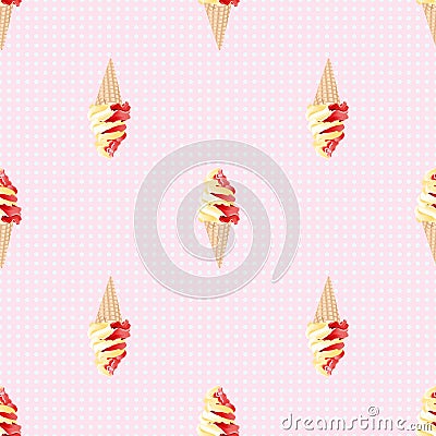 Ice cream cones and polka dot seamless pattern Vector Illustration