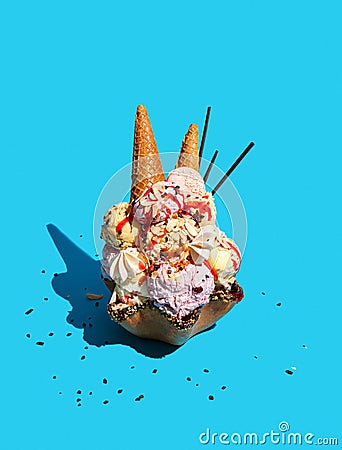 Ice cream with copy space on a pastel blue background. Summertime, dessert continous pattern concept. Top view. Pistachio, hard Stock Photo