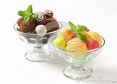 Ice cream coupes with chocolate truffles and pralines Stock Photo