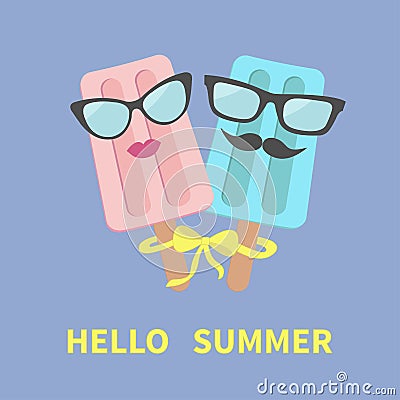 Ice cream couple with lips, mustaches, eyeglasses and bow in the circle. Hello summer greeting card. Flat design Violet background Vector Illustration