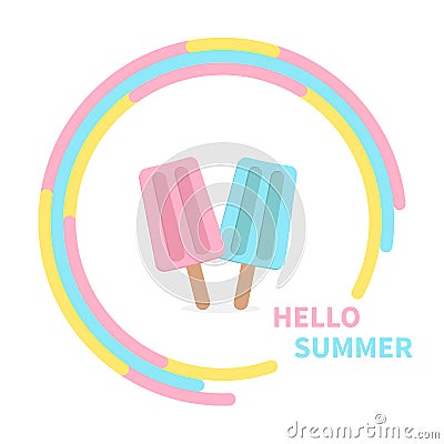 Ice cream couple set in the circle. Hello summer greeting card. Flat design Vector Illustration