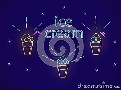 Ice cream cups, shine, neon on a dark background. Isolated objects Stock Photo