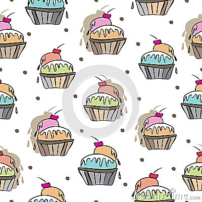 Ice Cream Delight-Sweet Dreams seamless repeat pattern illustration.Background in pink, blue,orange,green, red, cream Vector Illustration