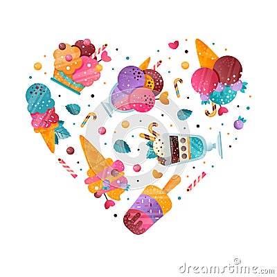 Ice-cream Design with Frozen Confection and Sweet Dessert Vector Heart Shaped Composition Stock Photo