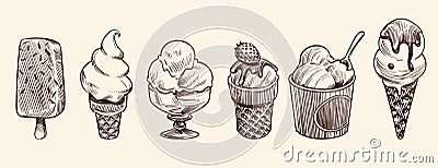 Ice cream dessert. Hand drawn black engraved vintage sweet delicious in bowl for restaurant isolated sketch vector set Vector Illustration