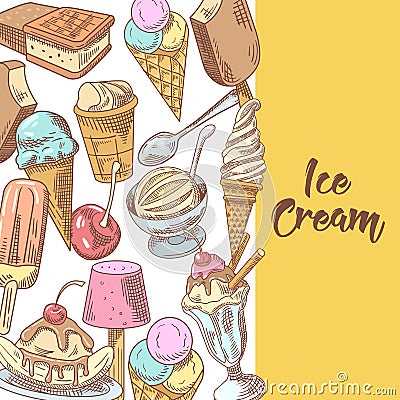 Ice Cream and Desserts Hand Drawn Menu with Fruits and Chocolate. Cones and Waffles Vector Illustration