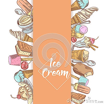 Ice Cream and Desserts Hand Drawn Menu Template with Fruits and Chocolate. Cones and Waffles Vector Illustration