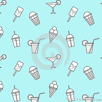 Ice Cream Drinks Blue Background Vector Seamless Pattern Vector Illustration