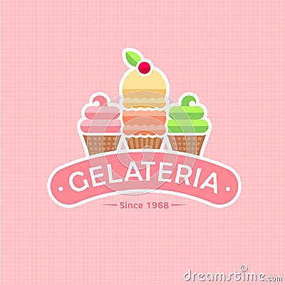 Ice Cream emblem. Gelateria logo. Italian cafe sign. Ice cream with letters on a pink background. Vector Illustration