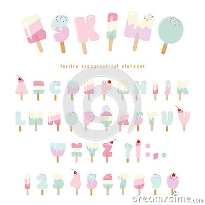 Ice cream eskimo font. Popsicle colorful letters and numbers for summer design. Pastel pink and blue colors. Isolated on Vector Illustration