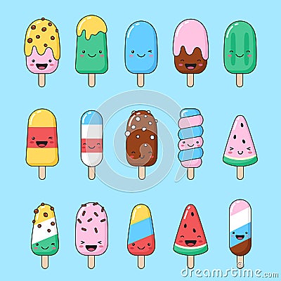 Set of simple smiling ice cream, eskimo, popsicle illustrations Vector Illustration