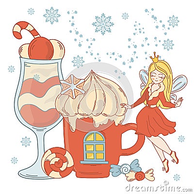 ICE CREAM FAIRY Christmas Vector Illustration Cartoon Set for Print Stock Photo