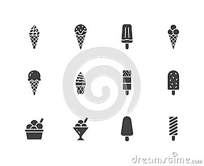 Ice cream flat glyph icons set. Waffle cone, ice lolly, frozen juice, popsicle, sorbet in bowl vector illustrations Vector Illustration