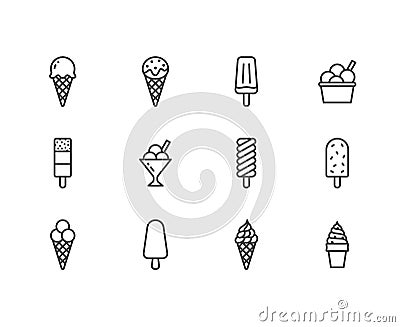 Ice cream flat line icons set. Waffle cone, ice lolly, frozen juice, popsicle, sorbet in bowl vector illustrations. Thin Vector Illustration