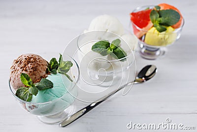 Ice-cream. Flavored sundae and fruit sorbet Stock Photo