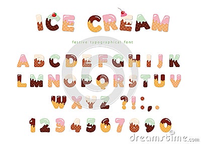 Ice cream font. Cute wafer letters and numbers can be used for birthday card, baby shower, Valentines day, sweets shop Vector Illustration