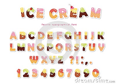 Ice cream font. Cute wafer letters and numbers can be used for birthday card, baby shower, Valentines day, sweets shop Vector Illustration