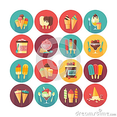 Ice cream and frozen desserts and sweets icon collection. Flat vector circle icons set with long shadow. Food and drinks Vector Illustration