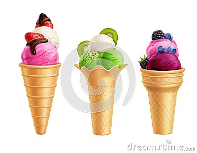 Ice Cream With Fruits Realistic Set Vector Illustration