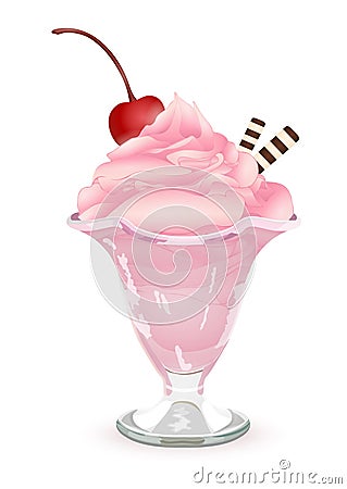 Ice cream in a glass vase, vector drawing, painted dessert. Pink fruit cream mousse in a transparent cup with a cherry on top and Vector Illustration