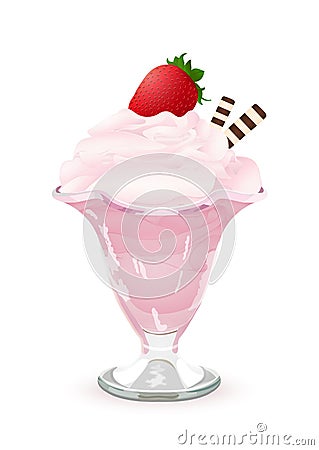 Ice cream in a glass vase, vector drawing, painted dessert. Pink fruit cream mousse in a transparent cup with a strawberry on top Vector Illustration