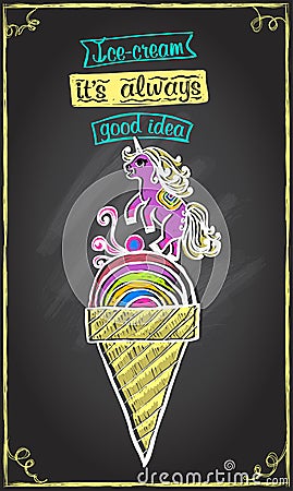 Ice cream is always good idea chalkboard kids menu with multicolored ice cream Stock Photo